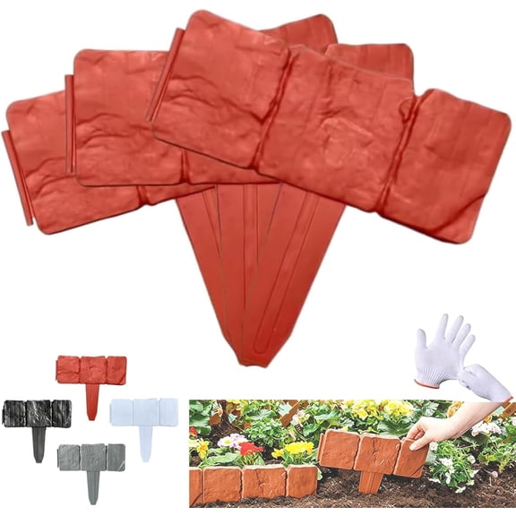 Plastic Garden Retaining Fence, Imitation Stone Garden Fence Border, No Dig Interlocking Landscape Edging with Stakes, Decorative Lawn Border for Flower Beds, Yard, Patio & Outdoor DIY (red-10pc)