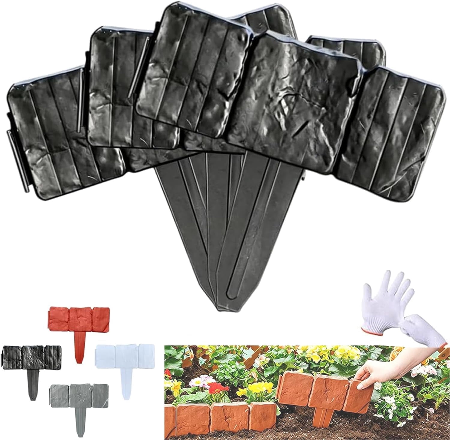 Plastic Garden Retaining Fence, Imitation Stone Garden Fence Border, No Dig Interlocking Landscape Edging with Stakes, Decorative Lawn Border for Flower Beds, Yard, Patio & Outdoor DIY (black-10pc)