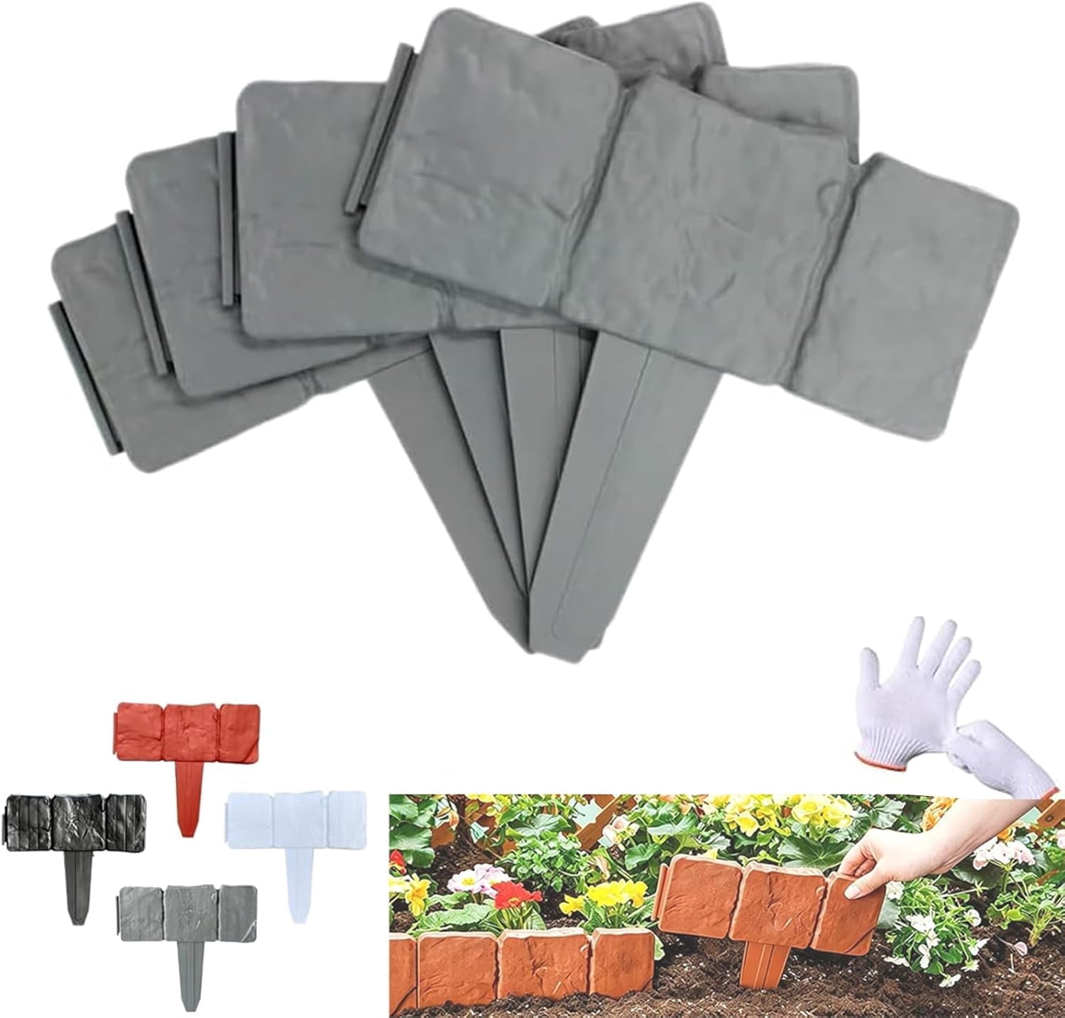 Plastic Garden Retaining Fence, Imitation Stone Garden Fence Border, No Dig Interlocking Landscape Edging with Stakes, Decorative Lawn Border for Flower Beds, Yard, Patio & Outdoor DIY (gray-10pc)