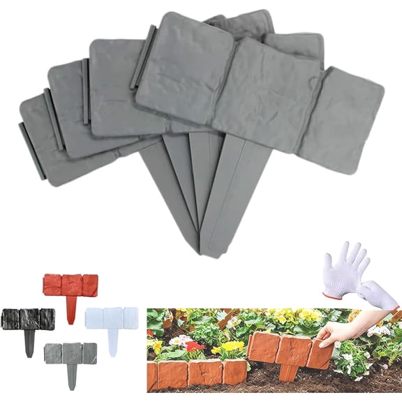 Plastic Garden Retaining Fence, Imitation Stone Garden Fence Border, No Dig Interlocking Landscape Edging with Stakes, Decorative Lawn Border for Flower Beds, Yard, Patio & Outdoor DIY (gray-10pc)