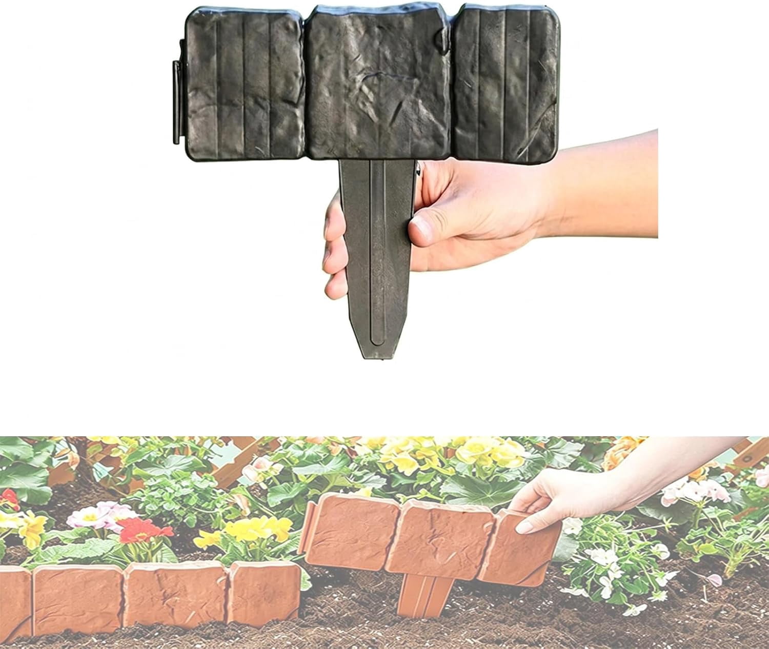 Plastic Garden Retaining Fence, Instant Curb-Appeal Stone-Look Border Panels, Garden Edging Border for Yard, Patio, Garden Path (Black,10 PCS)
