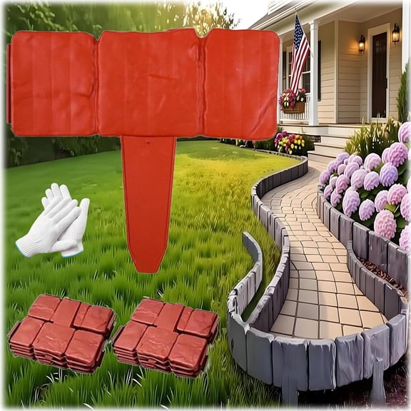 Plastic Garden Retaining Fence, Mitation Stone Garden Fence - DIY Garden Edging Border, Plastic Retaining Edging Border for Landscaping, No Dig Interlocking Panels (10, Brick Red)