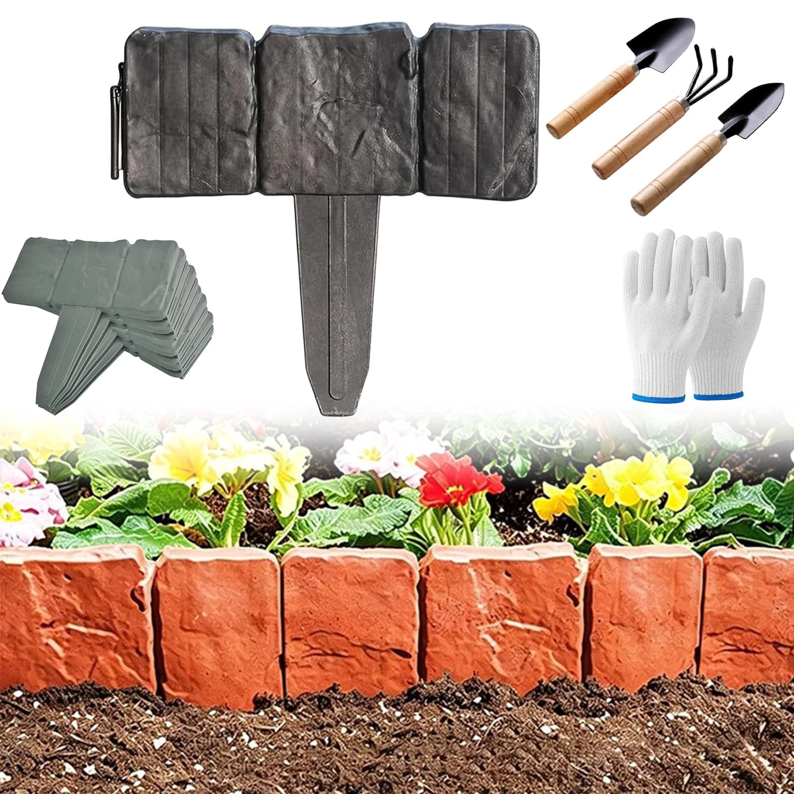 Plastic Garden Retaining Fence with Stakes, No Dig Plastic Garden Edging Border, Interlocking Imitation Stone Garden Fence with Shovel for Flower Bed, Outdoor Yard Patio