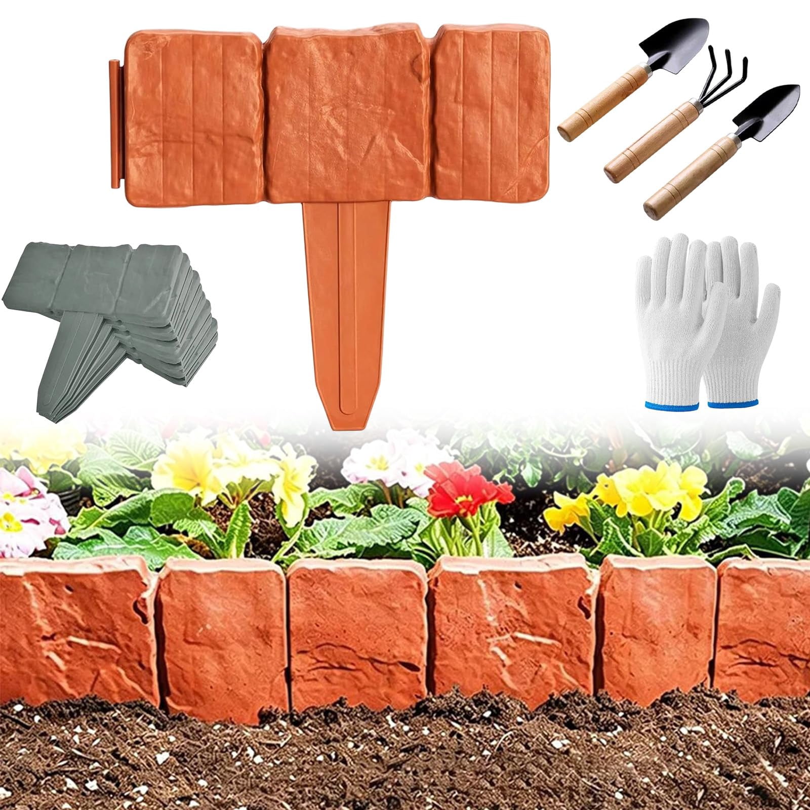 Plastic Garden Retaining Fence with Stakes, No Dig Plastic Garden Edging Border, Interlocking Imitation Stone Garden Fence with Shovel for Flower Bed, Outdoor Yard Patio