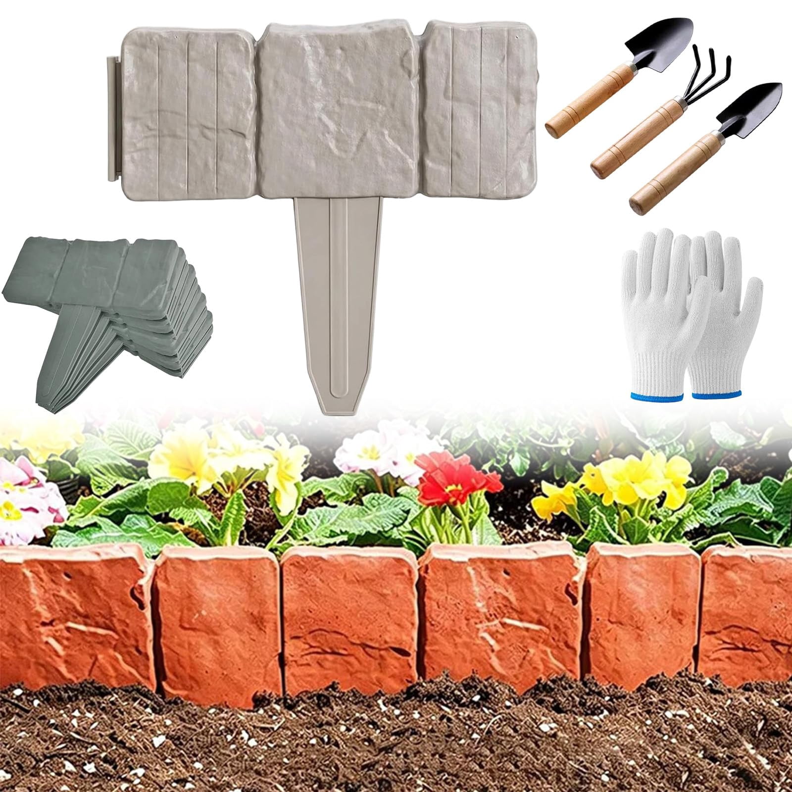 Plastic Garden Retaining Fence with Stakes, No Dig Plastic Garden Edging Border, Interlocking Imitation Stone Garden Fence with Shovel for Flower Bed, Outdoor Yard Patio