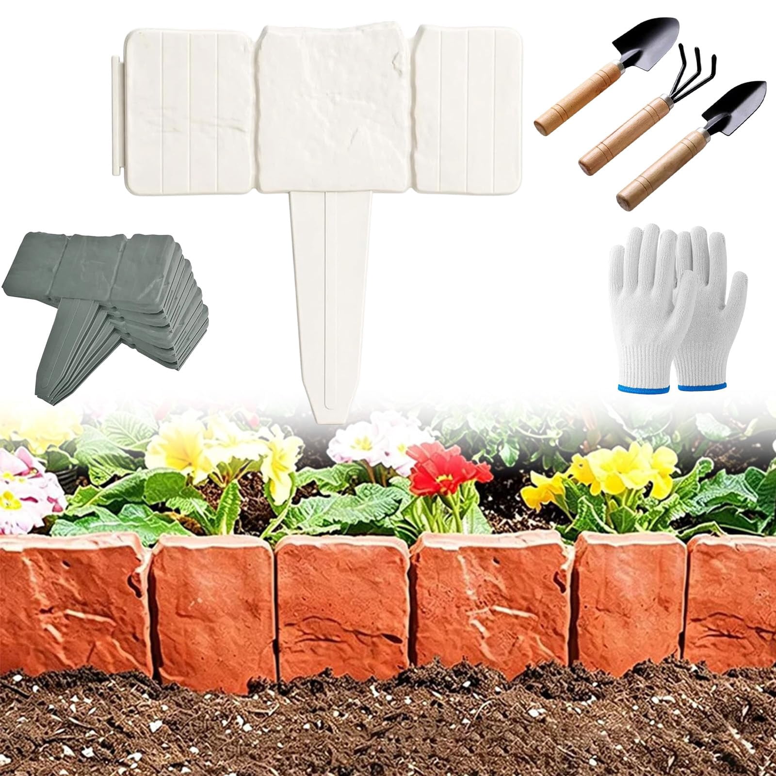 Plastic Garden Retaining Fence with Stakes, No Dig Plastic Garden Edging Border, Interlocking Imitation Stone Garden Fence with Shovel for Flower Bed, Outdoor Yard Patio