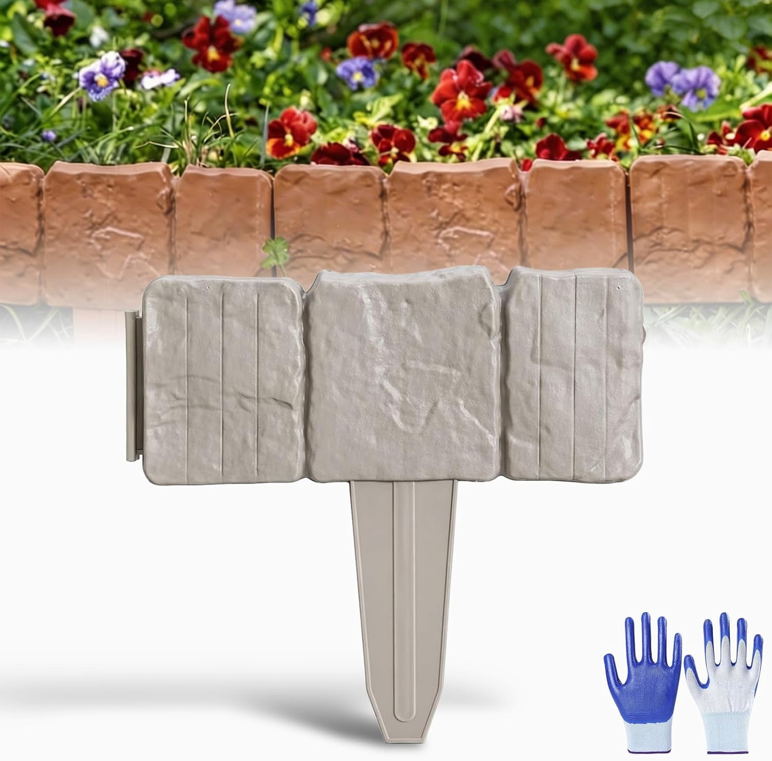 Plastic Garden Retaining Fence with Stakes, Imitation Stone Garden Fence for Flower Beds, No-Dig Interlocking Landscape Edging for Pathways and Lawns, 20 Pack