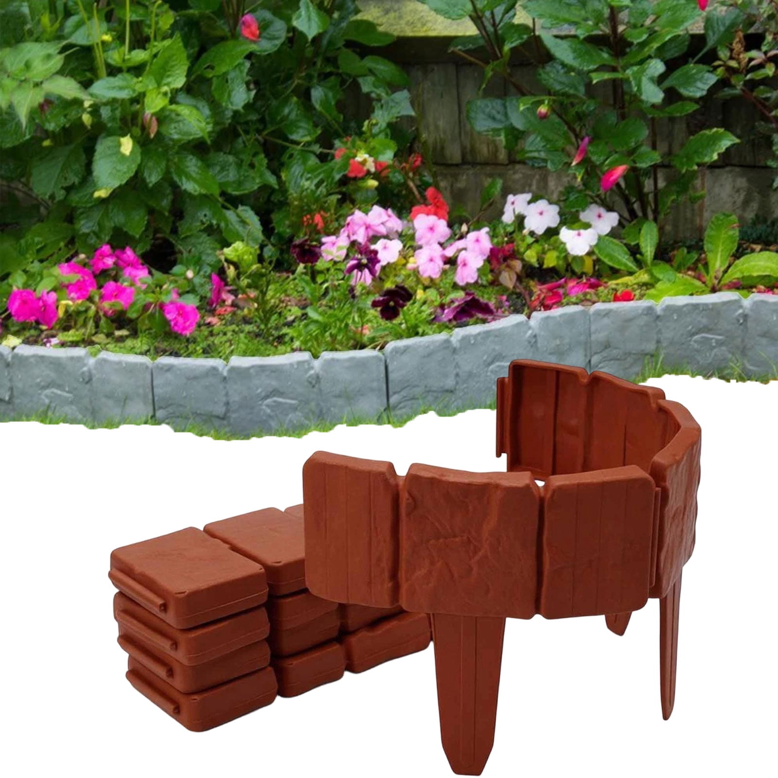 Plastic Garden Retaining Fence, Stone-Look Landscape Edging, Interlocking Border with Stakes, Tool-Free Flower Bed Fence for Yard & Pathways