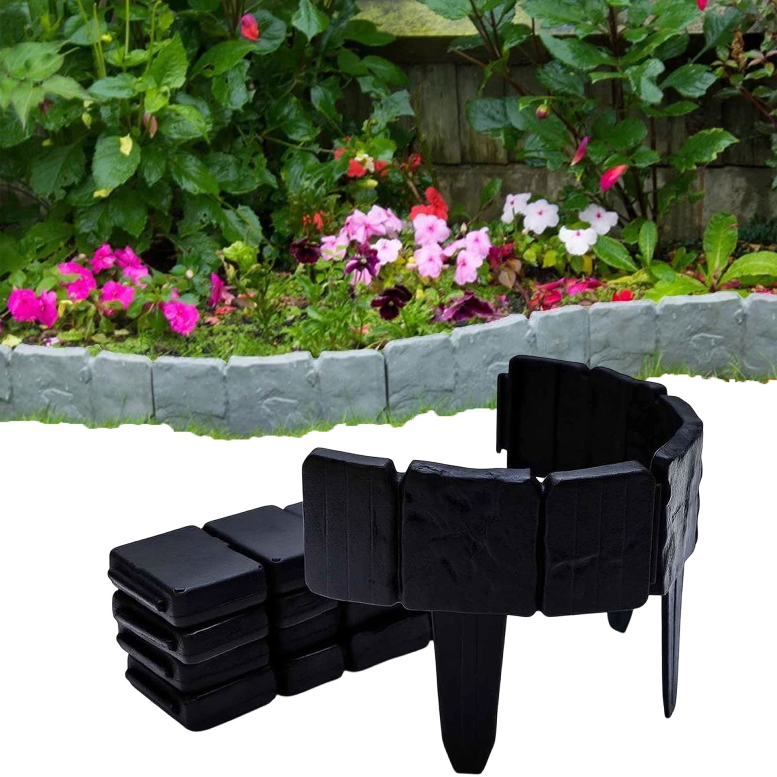 Plastic Garden Retaining Fence, Stone-Look Landscape Edging, Interlocking Border with Stakes, Tool-Free Flower Bed Fence for Yard & Pathways