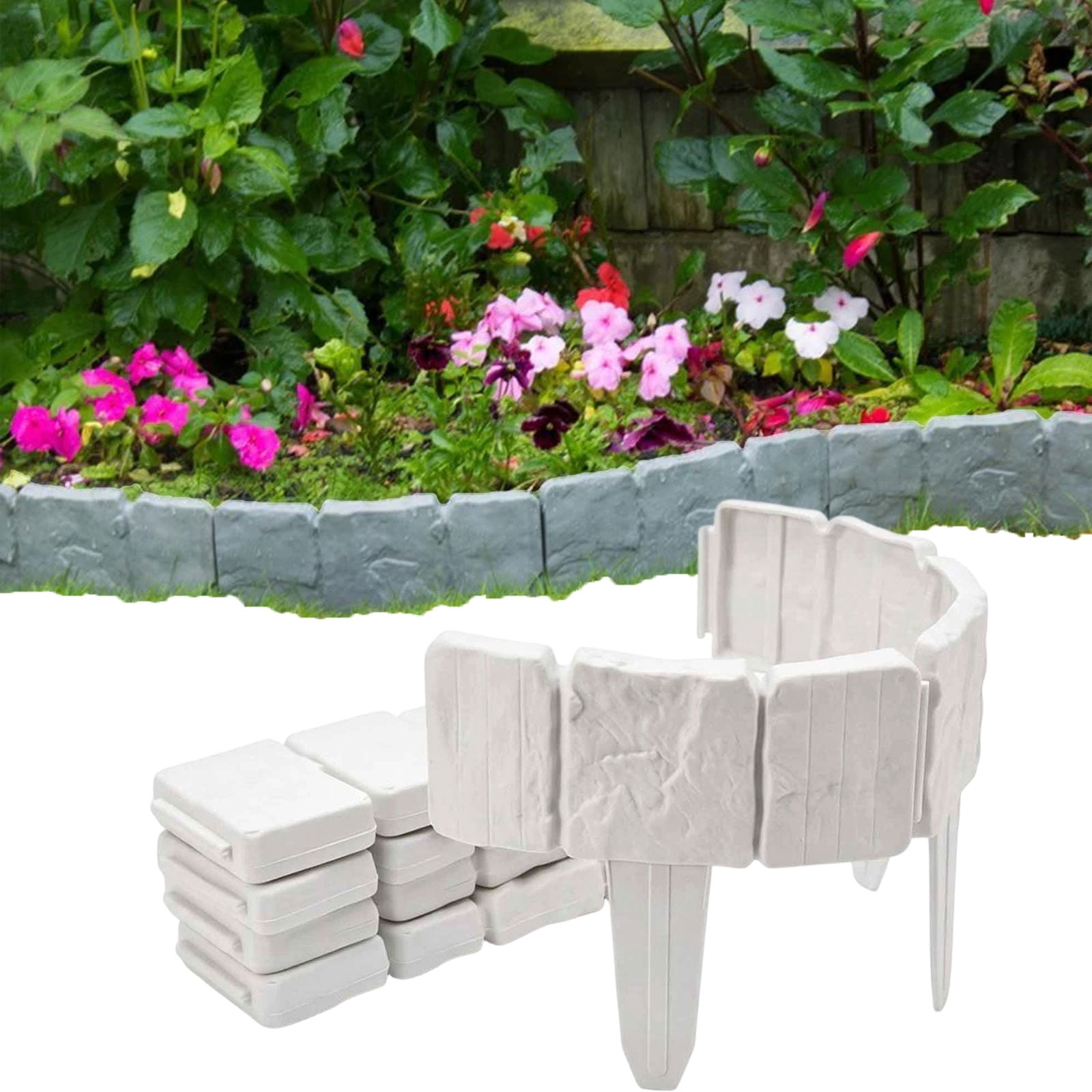 Plastic Garden Retaining Fence, Stone-Look Landscape Edging, Interlocking Border with Stakes, Tool-Free Flower Bed Fence for Yard & Pathways