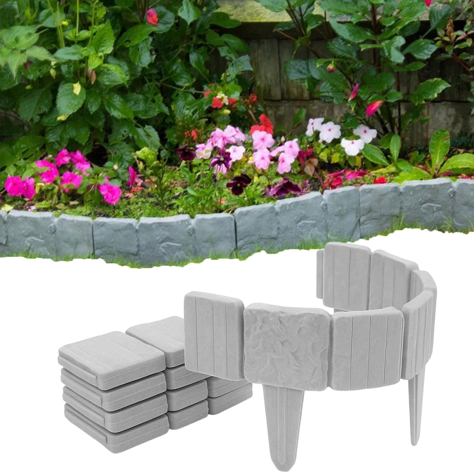 Plastic Garden Retaining Fence, Stone-Look Landscape Edging, Interlocking Border with Stakes, Tool-Free Flower Bed Fence for Yard & Pathways