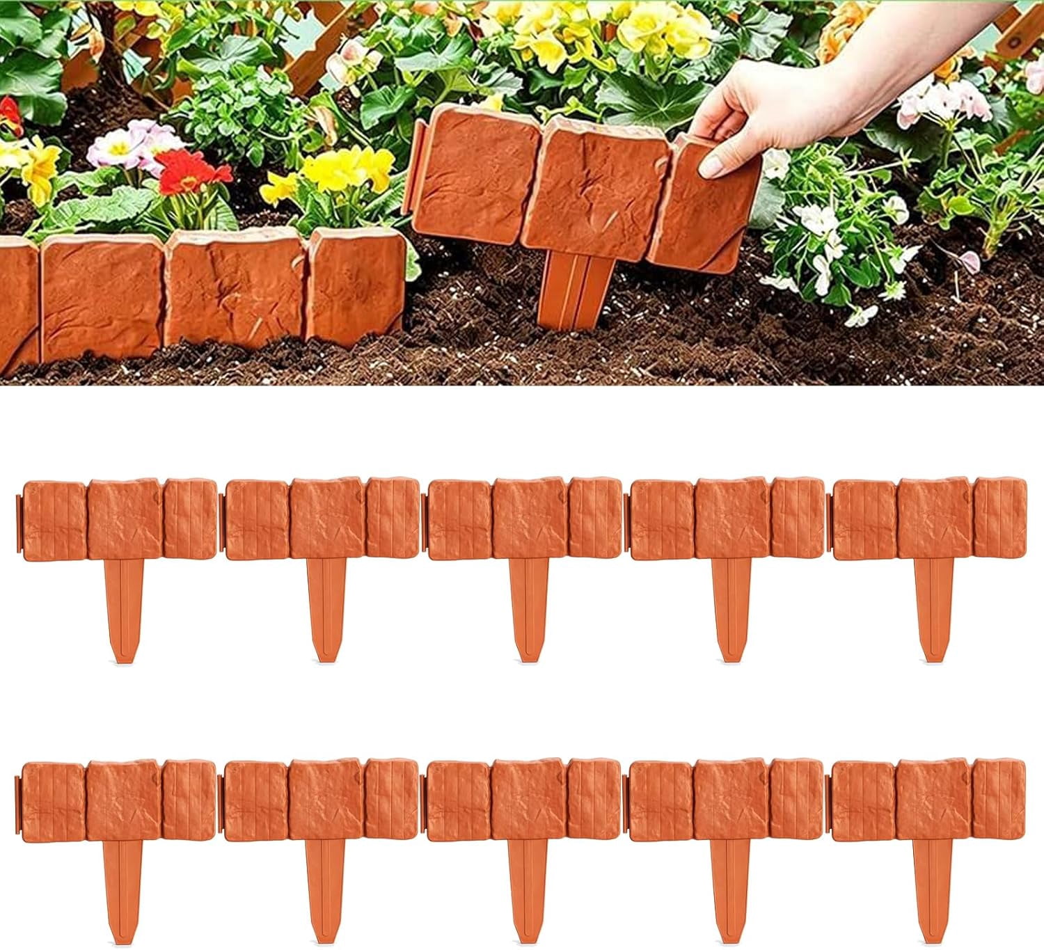 Plastic Garden Retaining Fence, Stone-Look Lawn Edging Border with Flexible Interlocking Design, No Dig Weatherproof Decorative Landscape Edging for Outdoor Yard (Brick Red,10)