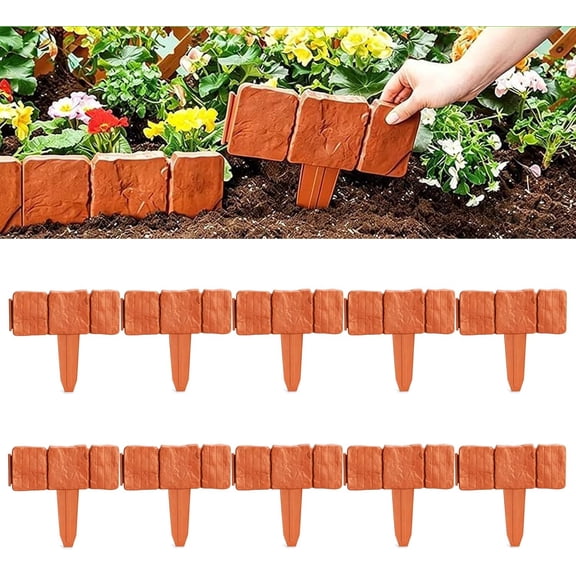 Plastic Garden Retaining Fence, Stone-Look Lawn Edging Border with Flexible Interlocking Design, No Dig Weatherproof Decorative Landscape Edging for Outdoor Yard (Brick Red,10)