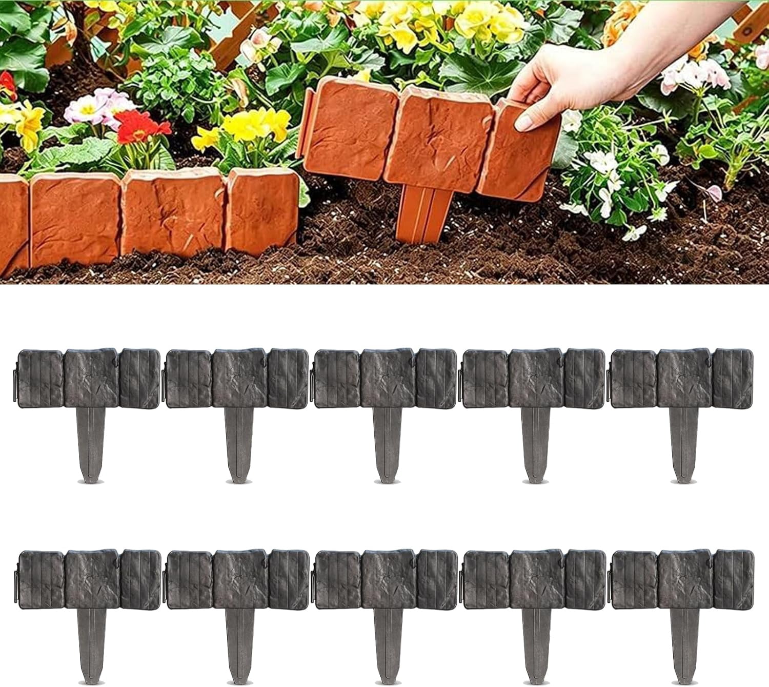 Plastic Garden Retaining Fence, Stone-Look Lawn Edging Border with Flexible Interlocking Design, No Dig Weatherproof Decorative Landscape Edging for Outdoor Yard (Deep Black,10)