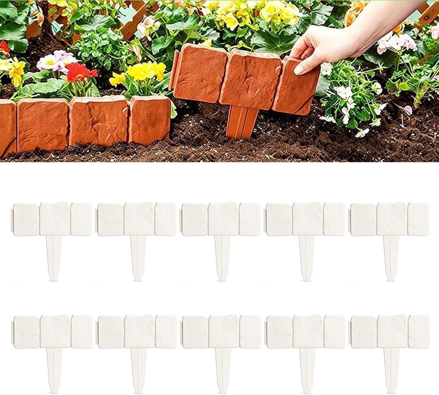Plastic Garden Retaining Fence, Stone-Look Lawn Edging Border with Flexible Interlocking Design, No Dig Weatherproof Decorative Landscape Edging for Outdoor Yard (Milky White,20)