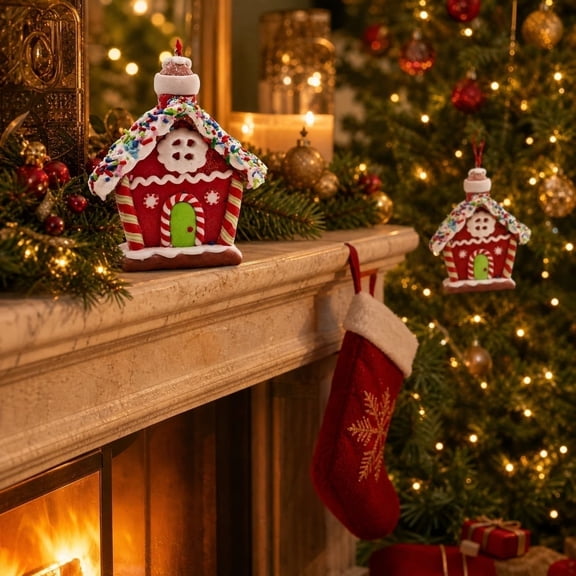 Plastic Gingerbread House Christmas Ornaments Set Soft Style Mini Hanging Pendants for Xmas Tree Holiday Party Decor, Shatterproof Festive Home Display with Strings