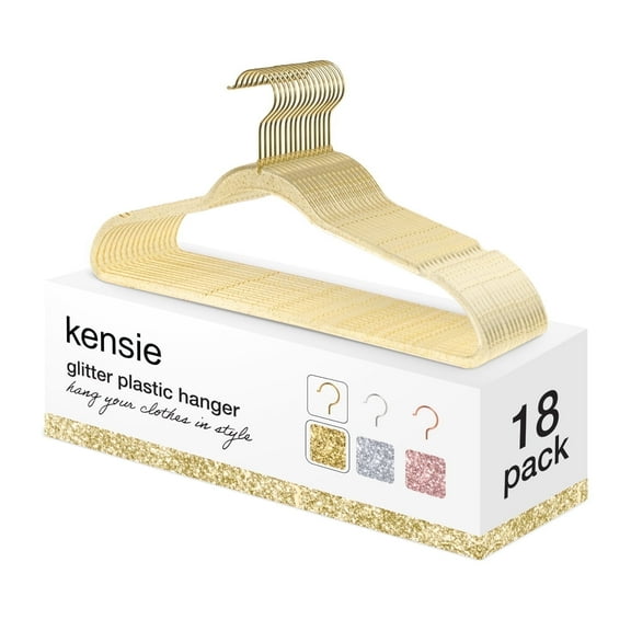 Kensie Glitter Plastic Hangers Multipurpose Thin Clothes Hangers with Swivel Hook, Gold, 18-Pack