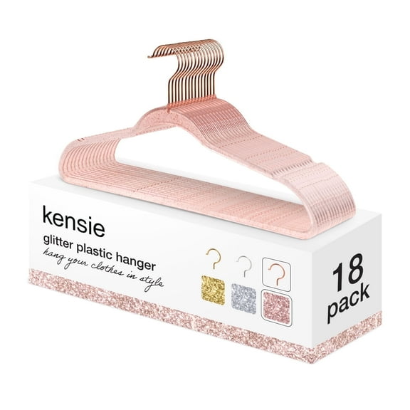Kensie Glitter Plastic Hangers Multipurpose Thin Clothes Hangers with Swivel Hook, Pink, 18-Pack