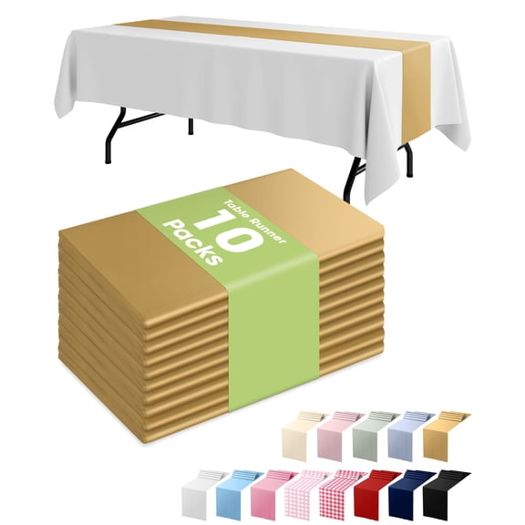 Plastic Gold Table Runners 10 Pack, 14x108 Inch Disposable Party Decor for Wedding Shower, Birthday Holiday Tablecloth Cover, Tear Resistant, Gold