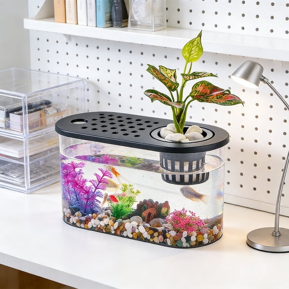 Plastic Goldfish Bowl Fish Tank – Clear Desktop Aquarium with Hydroponics Basket for Home Decor, Non-Breakable Design Featuring Breathable Holes for Pump & Feeding