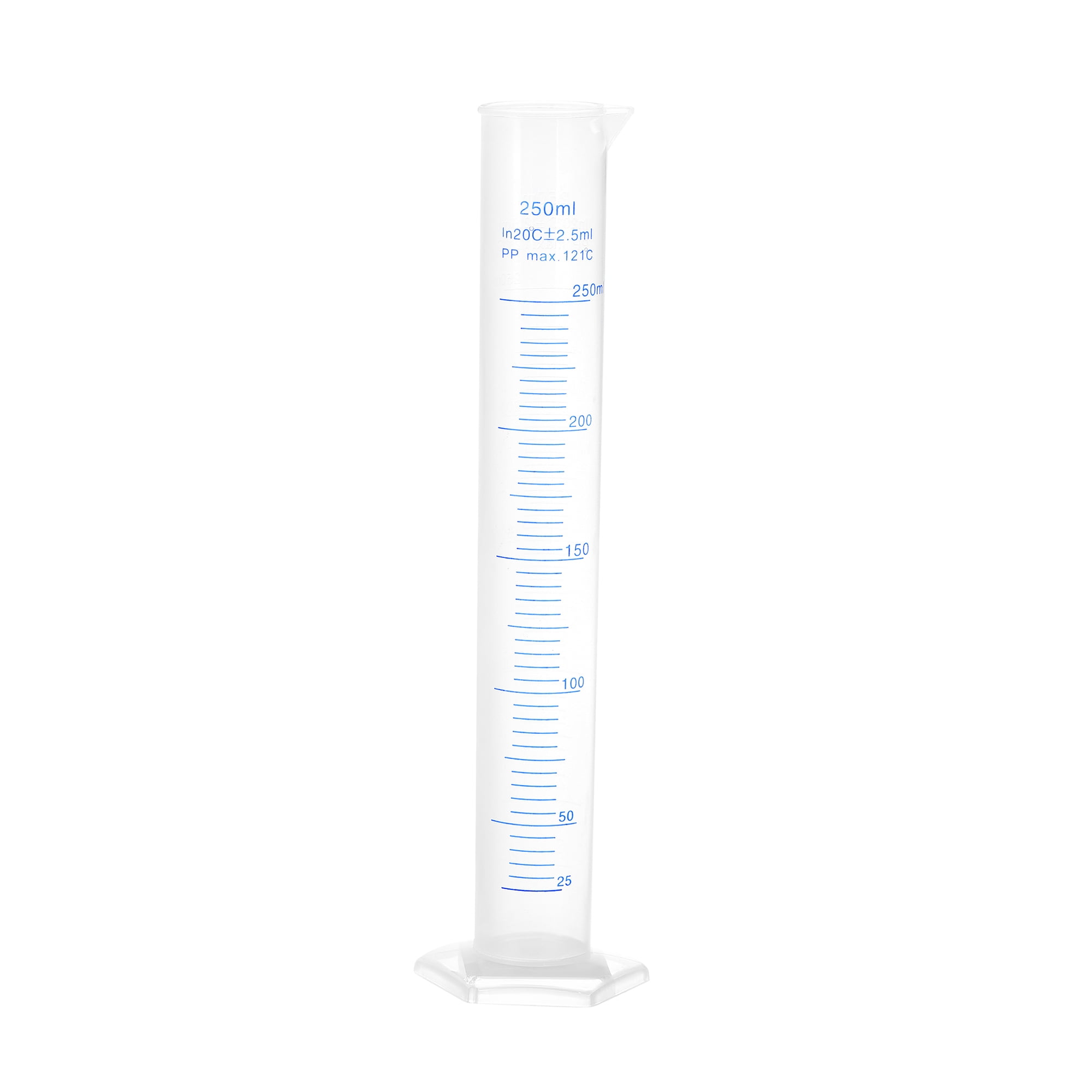 Plastic Graduated Cylinder, 250ml Measuring Cylinder, 2Sided Metric Marking, Clear Hex Base for