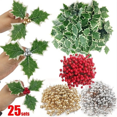 Plastic Green Plants Christmas Norfolk Garland with 25 Sets of Holly Leaves and Berries for Fireplace Wall and Table Holiday Decoration,2.68",Gold JASKFLY