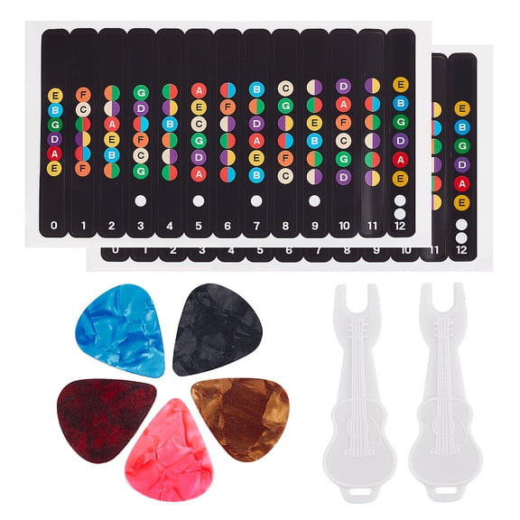 Plastic Guitar Pick Nail Picker and Plastic Self-Adhesive Guitar Fretboard Note Map Sticker Labels Mixed Color