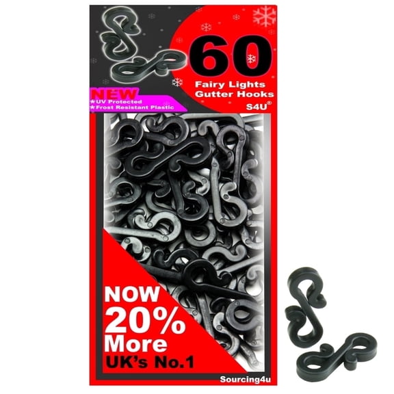 S4U Gutter Hooks S Clips Plastic Black for Outdoor Hanging Christmas Lights 60 pack 35 mm