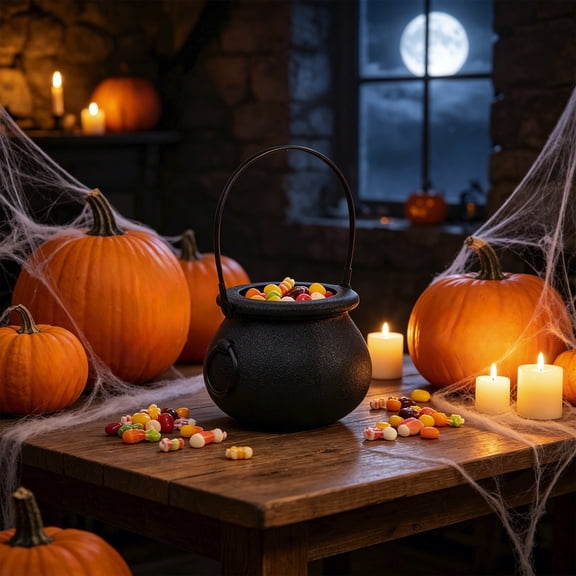 Plastic Halloween Witch Cauldron Candy Bucket Pail with Handle for Trick or Treat Snack Container Party Favors Spooky Decor - 30cm, 1 Count