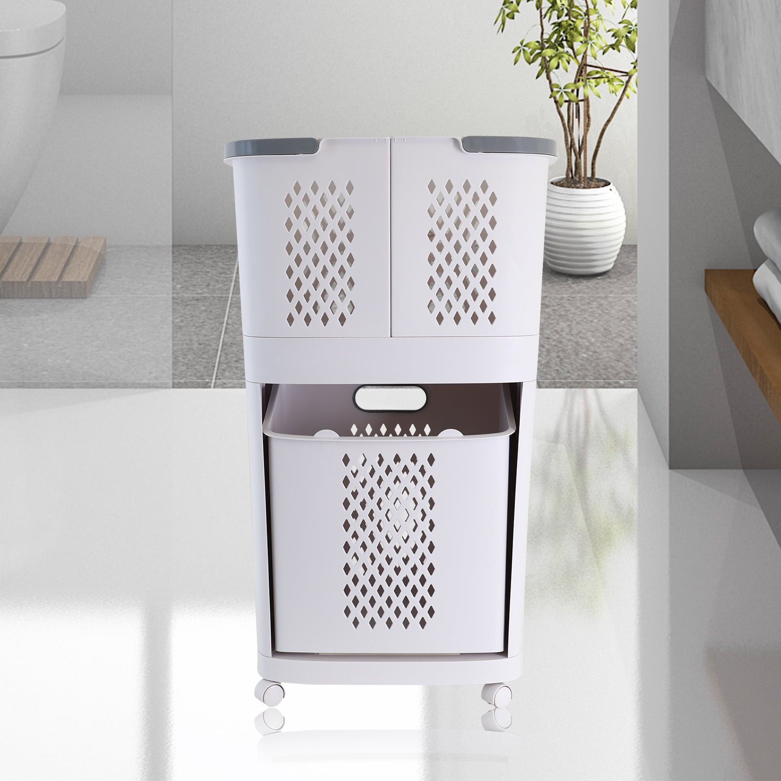 2-Tier Rolling Laundry Hamper Sorter With Wheels - 3 Removable Baskets, White/Grey Storage Cart For Home