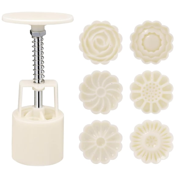 Plastic Hand Press Mooncake Mold with 6 Decorative Flower Stamps, Easy Demolding & Clean Baking Tool for Homemade Mooncakes, Cookies and Various Pastry Making