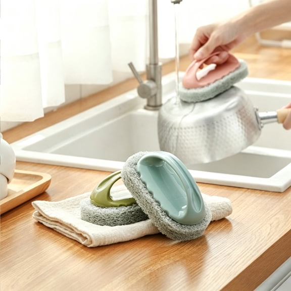 Plastic Hand Scrub Brush with Handle, Ergonomic Scouring Sponge Cleaner for Kitchen, Bathroom, Tub, Tile, Grease Remover, Sturdy, Multi-purpose Cleaning Tool, 3 Colors, Topliu