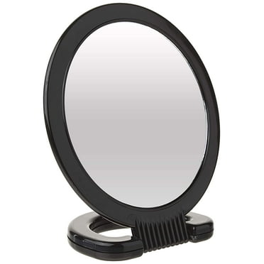 Plastic Handheld Mirror Magnifying 2-Sided Vanity Mirror with Folding Circle Handle and Stand for Hanging Medium Size, 6x 10 for Travel, Bathroom, Desk, Makeup, Beauty, Grooming