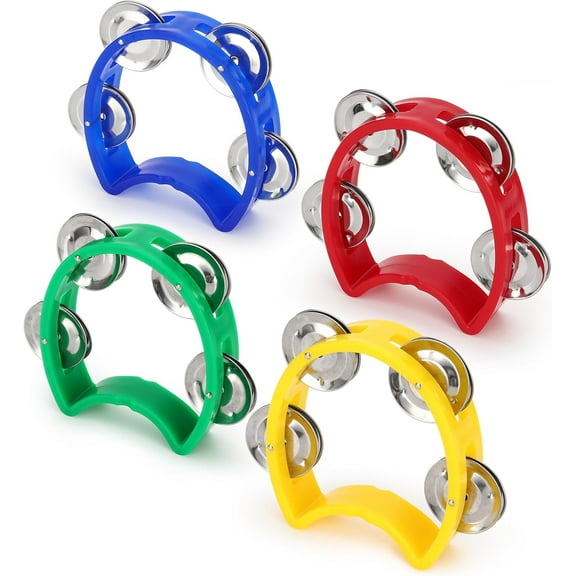 Plastic Handheld Tambourines - Mini Percussion Instruments with 4 Jingle Bells Each, for Adults, Kids, School, Party & Music Play(4pcs-Multicolored)