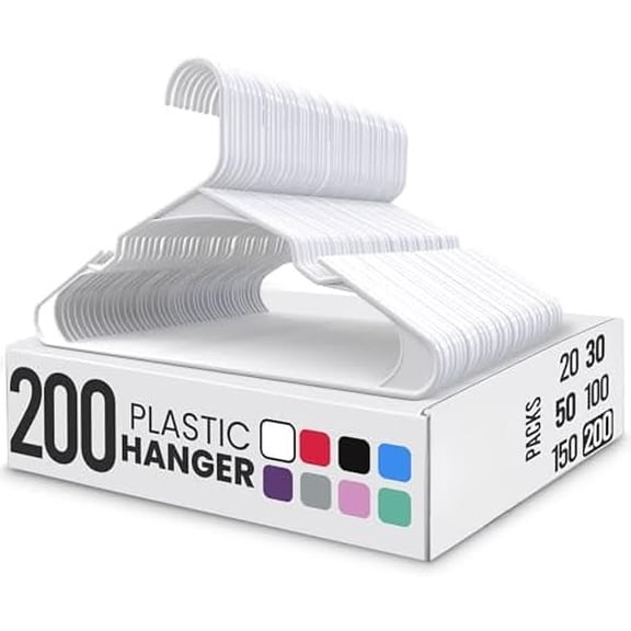 Plastic Hangers 200 Pack - Perfect Space Saving Clothes Hanger - Durable and Strong - Perfect Closet Organizers with Shoulder Grooves (White)