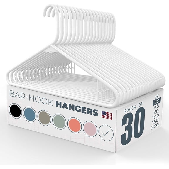 Plastic Hangers 30 Pack Made in The USA 6lb Capacity Standard Clothes Hangers with Strap Hooks for Dresses, Lingerie, Shirts, Pants, and Jackets White