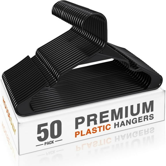 Plastic Hangers 50 Pack - Black Clothes Hangers with Non-Slip Shoulder Grooves Durable and Sturdy Coat Hanger Space Saving Slim Design Perfect for Closet Organizers and Storage