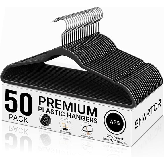 SMARTOR Plastic Hangers 50 Pack, Heavy Duty Plastic Hangers for Clothes - Non-Velvet Slim Hangers with 360 Swivel Hook & Clothes Thin Hanger - Durable Coat Hangars, Space Saving Hanger - Black