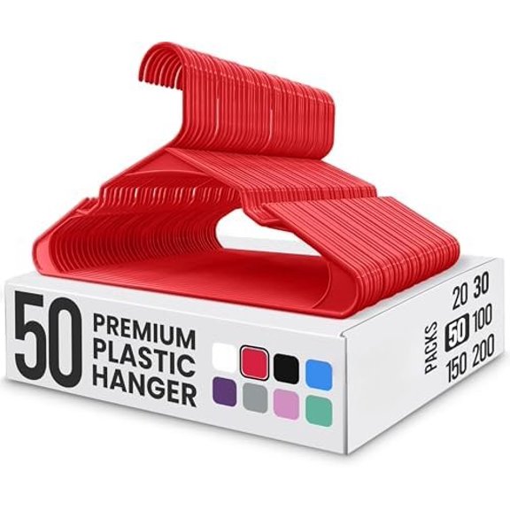 Plastic Hangers 50 Pack - Perfect Space Saving Clothes Hanger - Durable and Strong - Perfect Closet Organizers with Shoulder Grooves (Red)