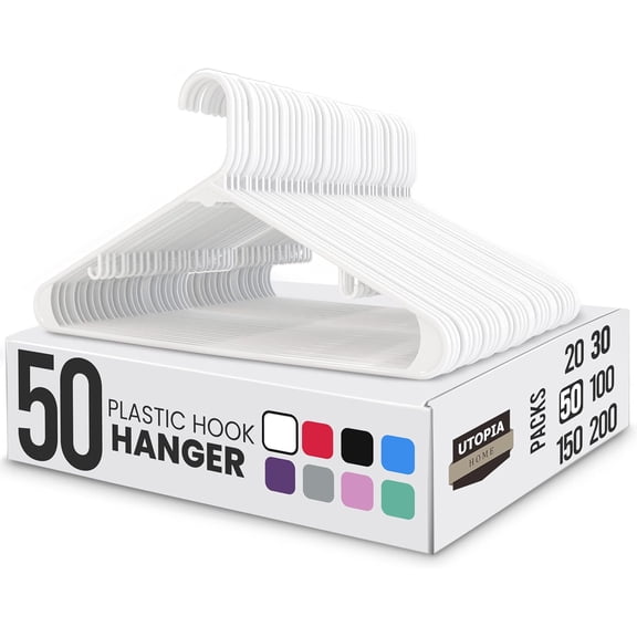 Plastic Hangers 50 Pack - Space Saving Clothes Hanger - Durable & Strong Closet Organizers and Storage with Built-in Strap Hooks - Essential for Shirts, Pants, Skirts & Coats (White)