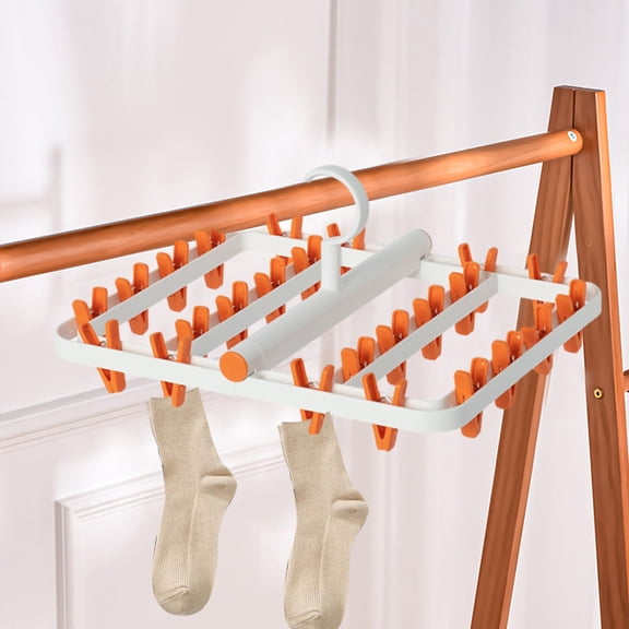 Plastic Hanging Clothes Drying Rack with 24 Clips - 360° Rotating Laundry Sock & Underwear Organizer, Windproof Collapsible Hanger for Towels, Scarves - Orange