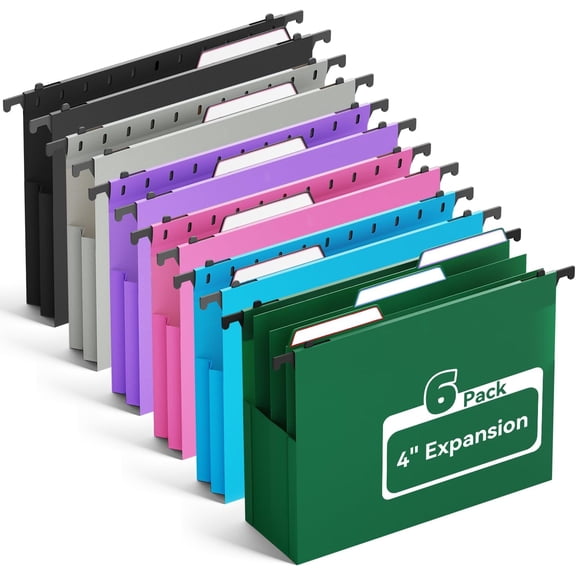 Plastic Hanging File Folders Letter Size, Expandable 4 Inch File Folders with 1/5-Cut Tabs, Pastel Hanging File Folder Organizer for for Filing Cabinet, Bulky Files & Medical Charts - 6 Pack