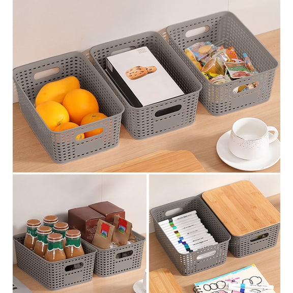 Plastic Hanging Woven Storage Basket with Lid - Hollow Stackable Organizer Box for Shelves, Drawers, Desktop, Closet, Office