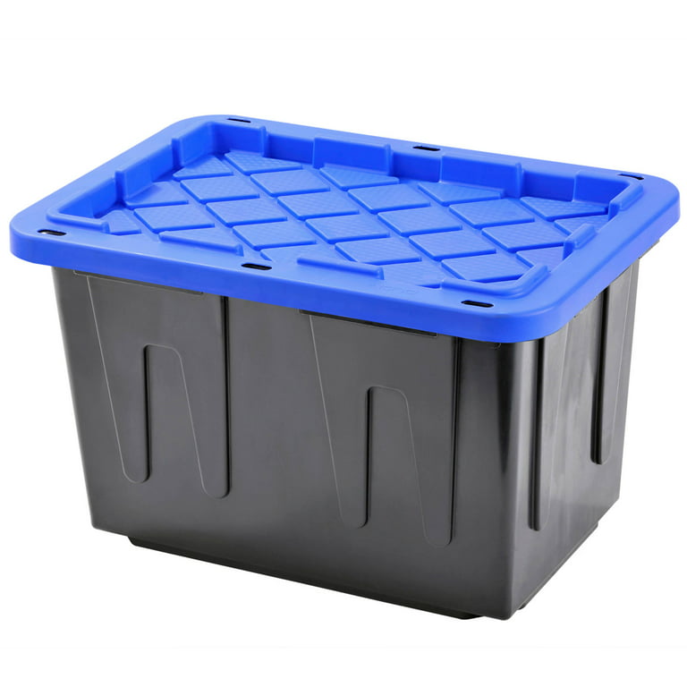 Plastic Heavy Duty Storage Tote Box, 23 Gallon, Black With Blue