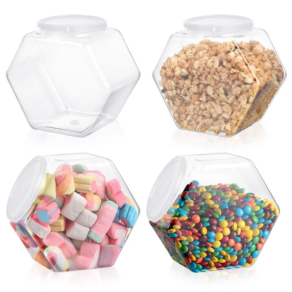 Plastic Hexagon Candy Jars, 4PCS Plastic Cookie Jars with Lids, 72oz Food Storage Container, Wide Mouth Plastic Jar, Reusable Cookie Container, Countertop Organizer for Kitchen