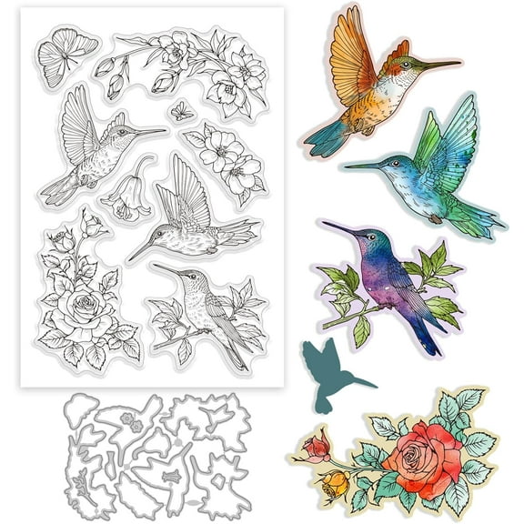 Plastic Hummingbird Clear Stamp and Cutting Dies Set for Card Making Spring Flowers Roses Silicone Clear Stamp Metal Birds Butterfly Die Cuts for DIY Scrapbooking Photo Album Plastic