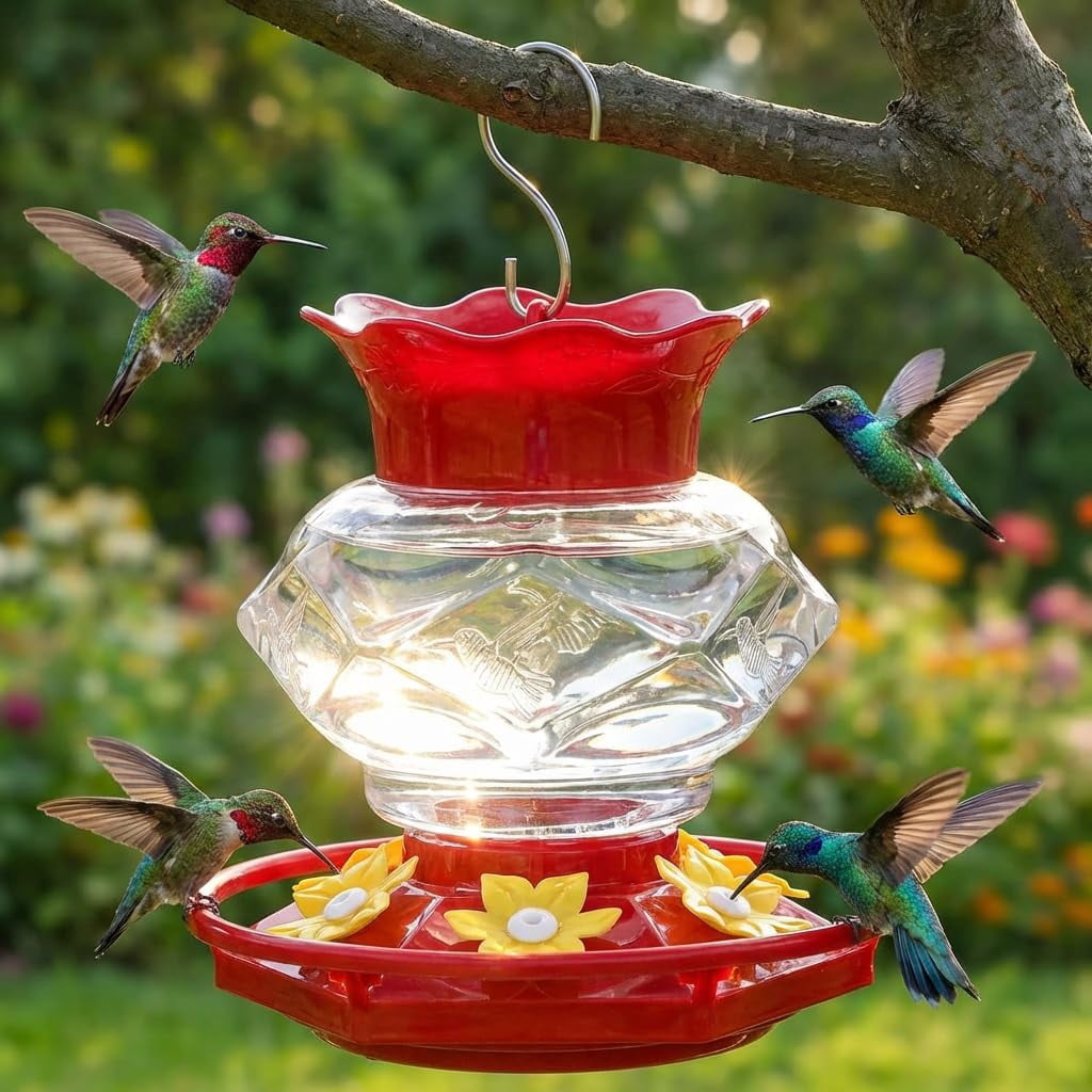 Plastic Hummingbird Feeders for Outdoors Hanging,1 Pack 18OZ Diamond Humming Bird Feeders with 6 Feeding Ports & Perch, Built-in Ant Moat, Gifts for Women, Durable Outside Garden Decor