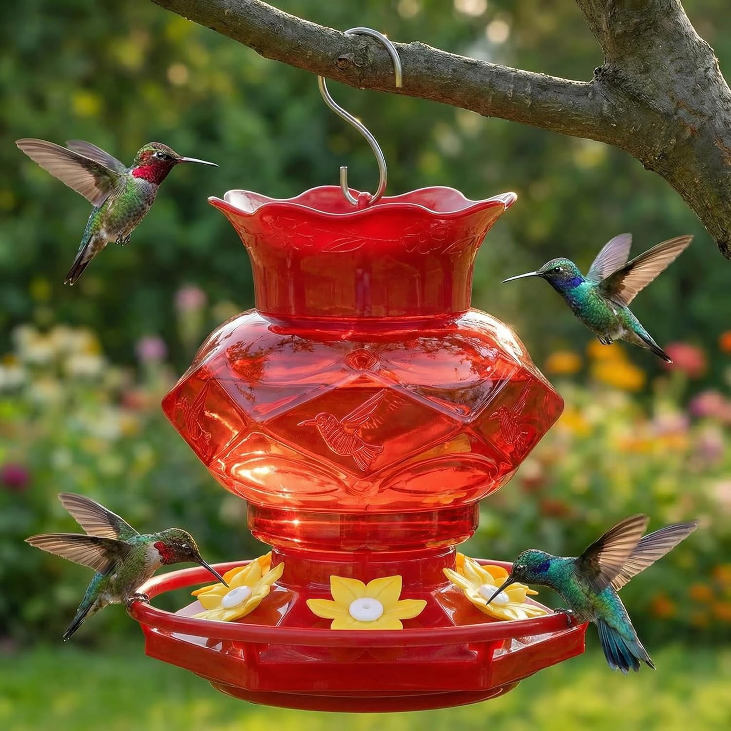 Plastic Hummingbird Feeders for Outdoors Hanging,1 Pack Red 18OZ Diamond Humming Bird Feeders with 6 Feeding Ports & Perch, Built-in Ant Moat, Gifts for Women, Durable Outside Garden Decor