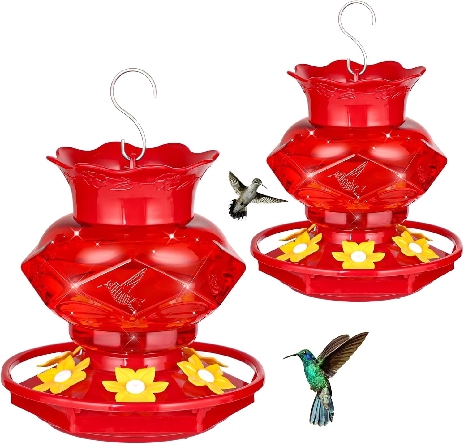 Plastic Hummingbird Feeders for Outdoors Hanging, 2 Pack Red 18OZ Diamond Humming Bird Feeders with 6 Feeding Ports & Perch, Built-in Ant Moat, Gifts for Women, Durable Outside Garden Decor