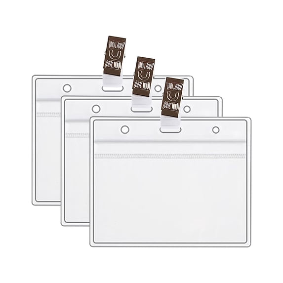 Plastic ID Badge Holder with Clip, Horizontal Waterproof Name Card Protector with Buckle, Heavy-Duty Clear Card Case with Zipper Seal for Office, Conference, and Event Passes,Clear 3 Pcs